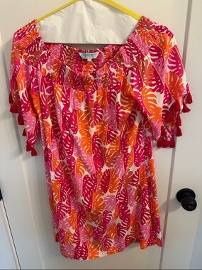 escapada Fuchsia, Orange and Pink Tropical-Leaf Off-Shoulder Mini Dress